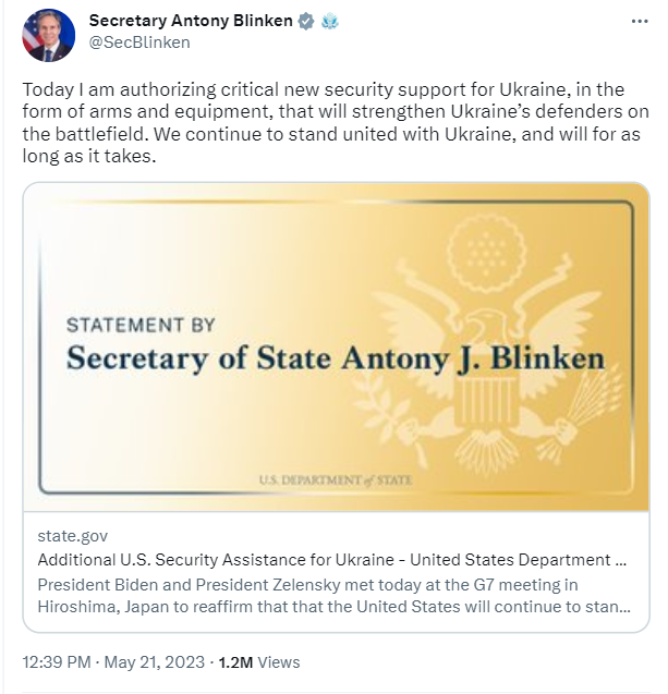     Secretary of State Antony Blinken confirmed the latest US aid to Ukraine 
