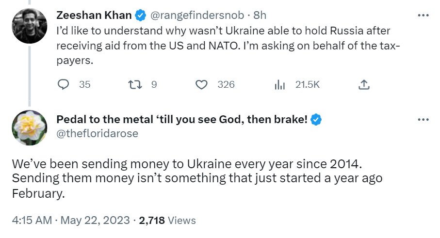 Some social media users criticized the Biden Administration for its financial and military aid to Ukraine after Russia established control of Bakhmut.
