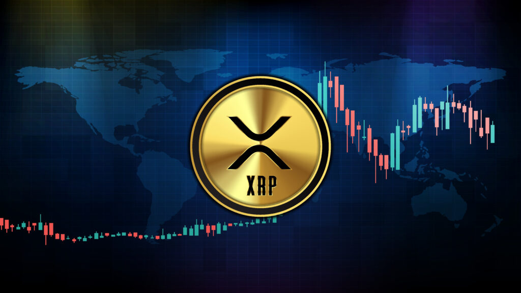 abstract futuristic technology background xrp ripple digital cryptocurrency and red green candlestick market chart