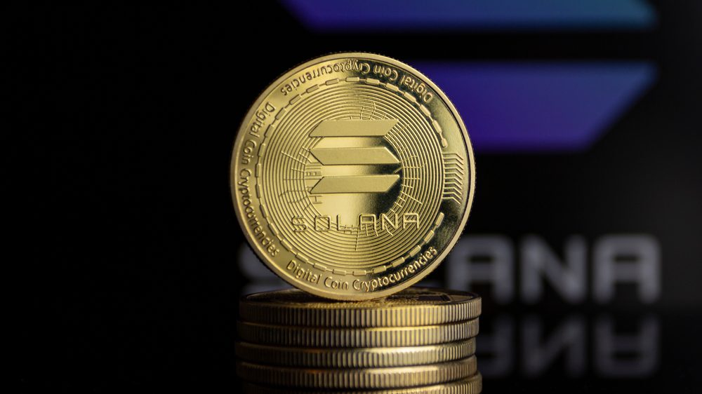 Munich, Germany;  January 17, 2022: Solana Coin in front of the Solana logo